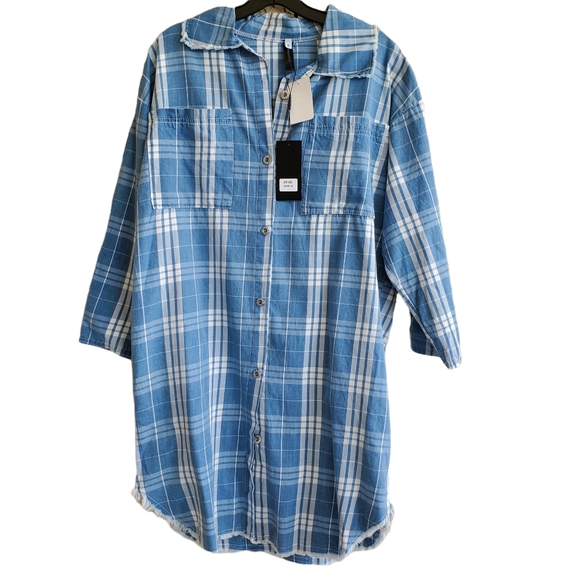 Venti6 Dresses & Skirts - Venti6 Plaid White Blue Tunic Dress Button Up Chunky Collar Raw Hem Size Small